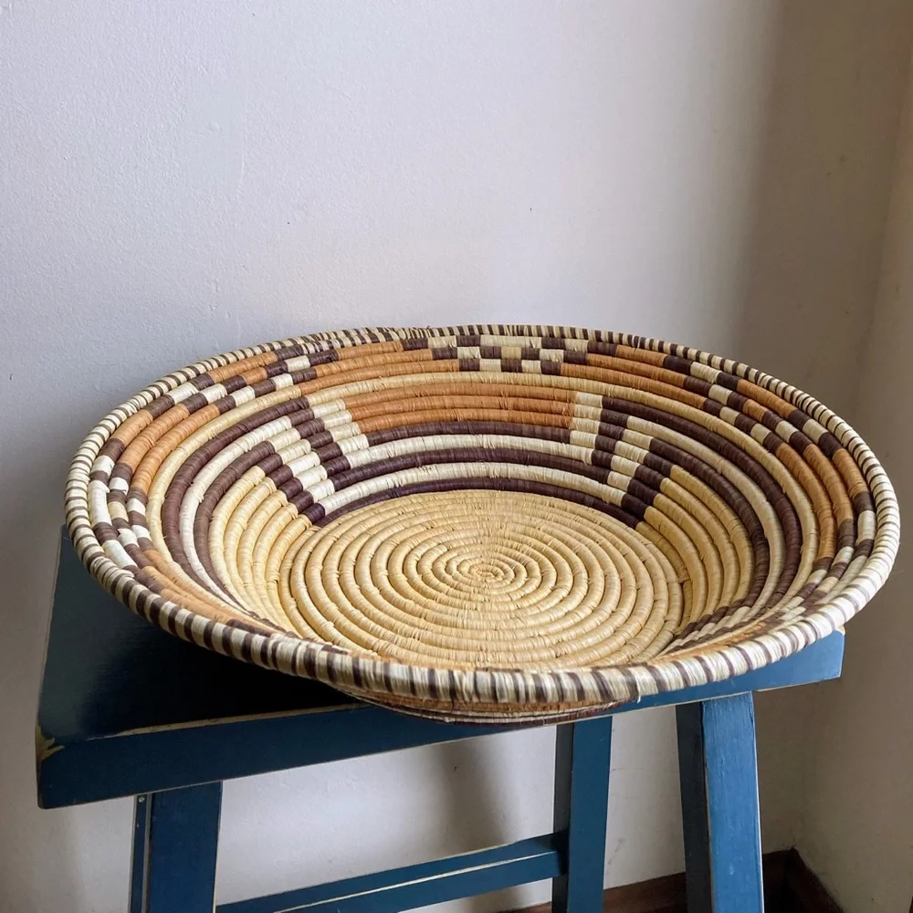 Vintage Large 18” African Handwoven Basket Wall Hanging Decor Geometric Design